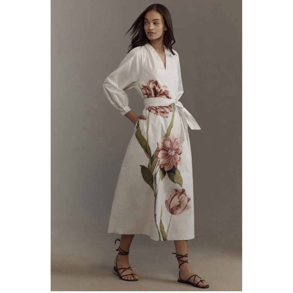 Anthropologie Belted V Neck Long Sleeve Midi Dress Sz Sm Ivory